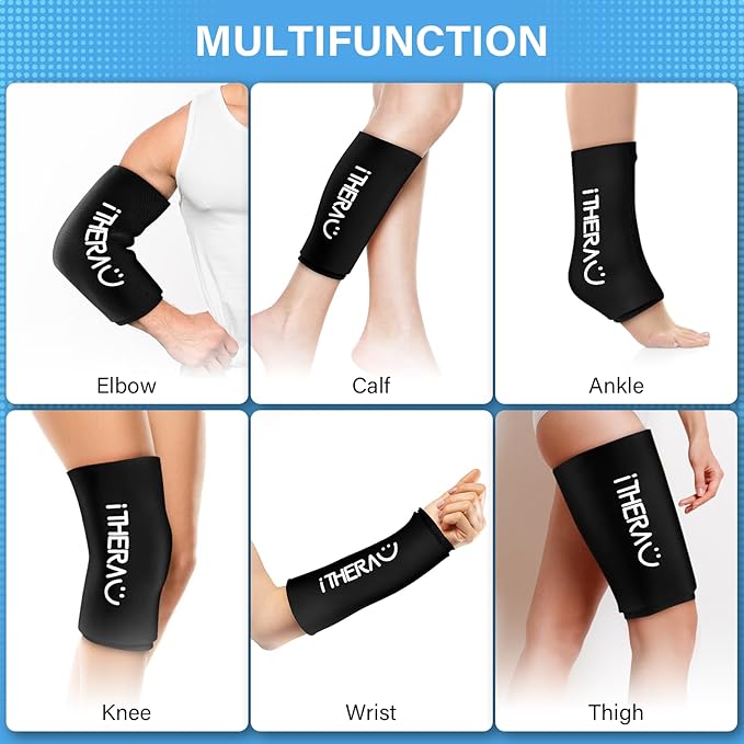 iTHERAU Knee Ice Pack Wrap, Reusable Gel Cold Pack with Cold/Hot Therapy, Cold Compression Sleeve for Elbow, Knee, Calf & Ankle for Pain Relief, Swelling, Surgery, Sports Injuries -Black, M-StrideForce Fitness