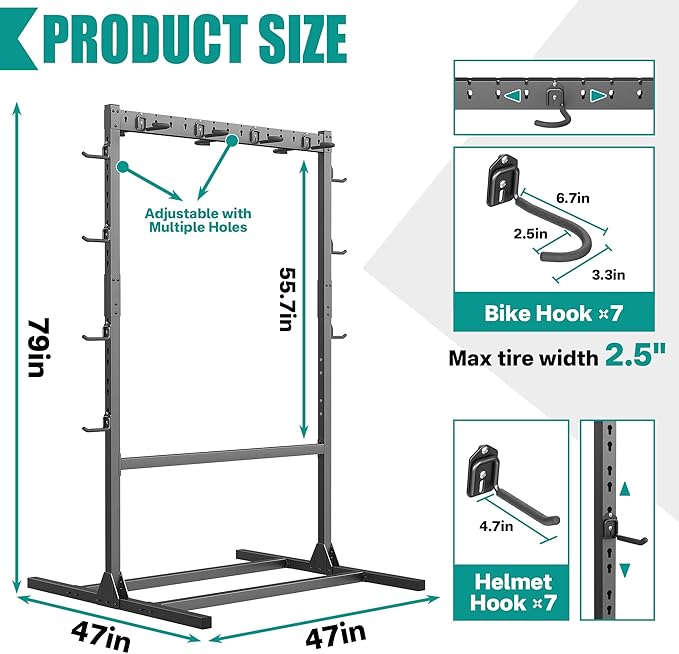 EVERHANGER Freestanding Bike Stand Rack with Adjustable Hooks, Vertical Bike Stand for Garage, Bicycle Storage Organizer, Holds Up to 7 Bikes & 7 Helmets-StrideForce Fitness