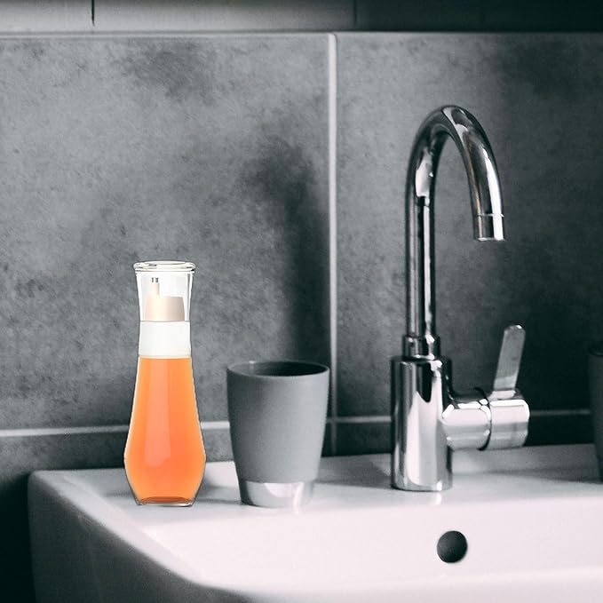 2 Pack Mouthwash Dispenser - 8.8 oz Glass Mouth Wash Container Small Refillable Mouthwash Bottle with Lid Cup for Bathroom Countertop