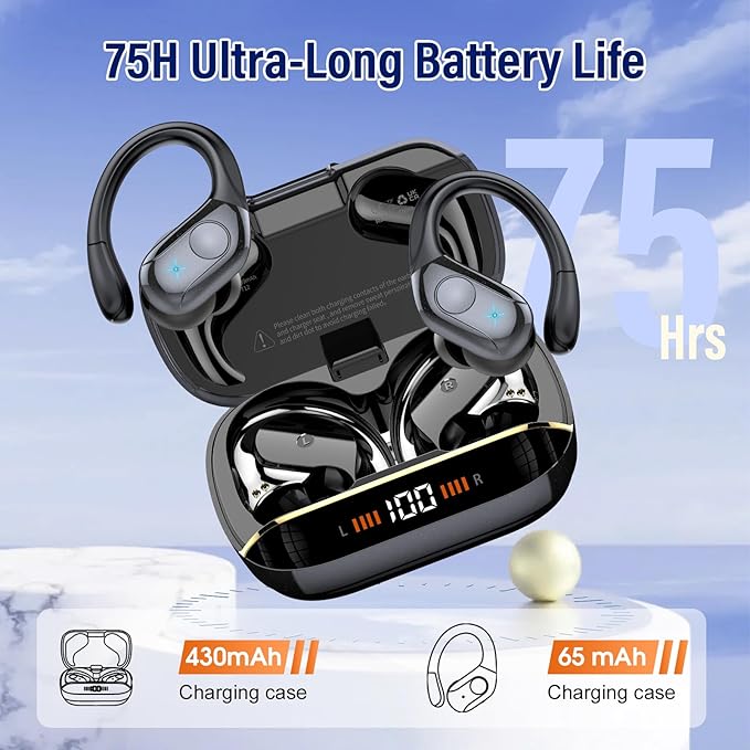 Wireless Earbuds Bluetooth 5.4 Headphones Sports, 75H Stereo Deep Bass Over Ear Buds with Earhooks, Bluetooth Earbuds with 4 ENC Mic, LED Display, IP7 Waterproof Earphone for Running, Black-StrideForce Fitness