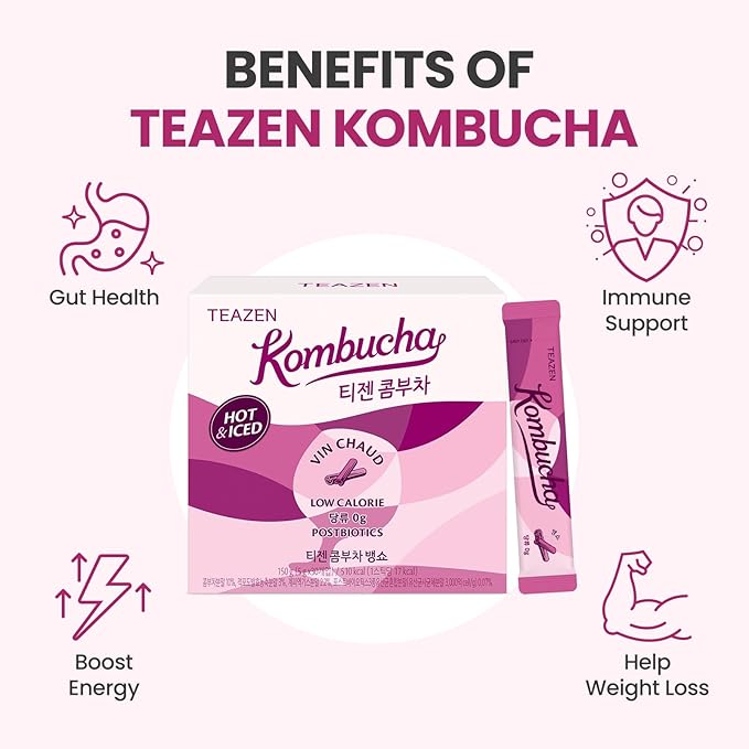 TEAZEN Mulled Wine Kombucha Tea, Live Probiotics & Postbiotics, Relaxation and Warmth for Colds and Sore Throat, Electrolyte & Hydration Drink Mix, Sugar Free, 30 Sticks, 5.29oz-StrideForce Fitness