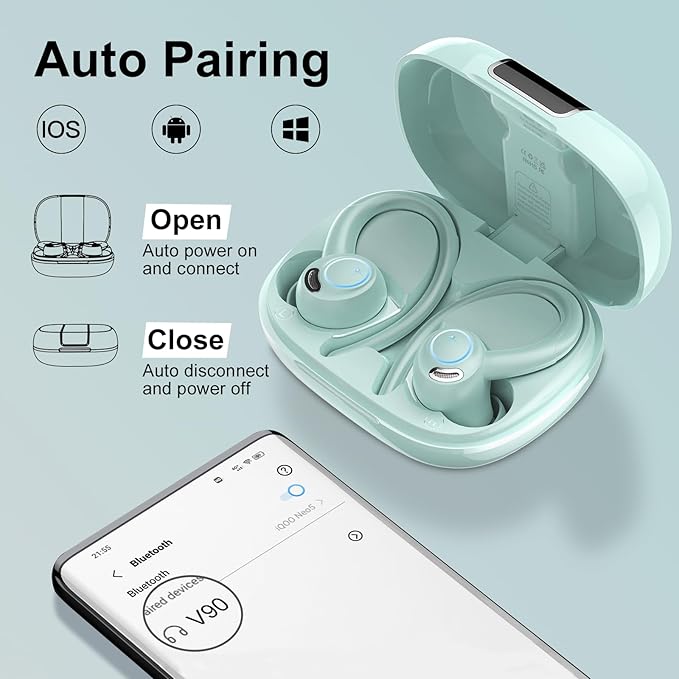 Wireless Earbuds Bluetooth 5.3 Headphones Sports, 48Hrs Playtime Bluetooth Earbuds with CVC 8.0 Mic, Stereo Bass Over Ear Bud with Earhooks, LED Display, IP7 Waterproof Earphon for Running Misty Blue-StrideForce Fitness