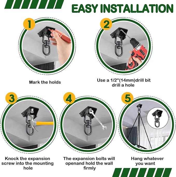 Hammock Hanging Kit, Porch Swing Hanging Kit 1200 Lb Capacity, Hammock Ceiling Hooks Heavy Duty 360°Rotating Hanging Swing Chair Hardware for Hammock Chair Stand, Porch, Yoga, Gym-StrideForce Fitness