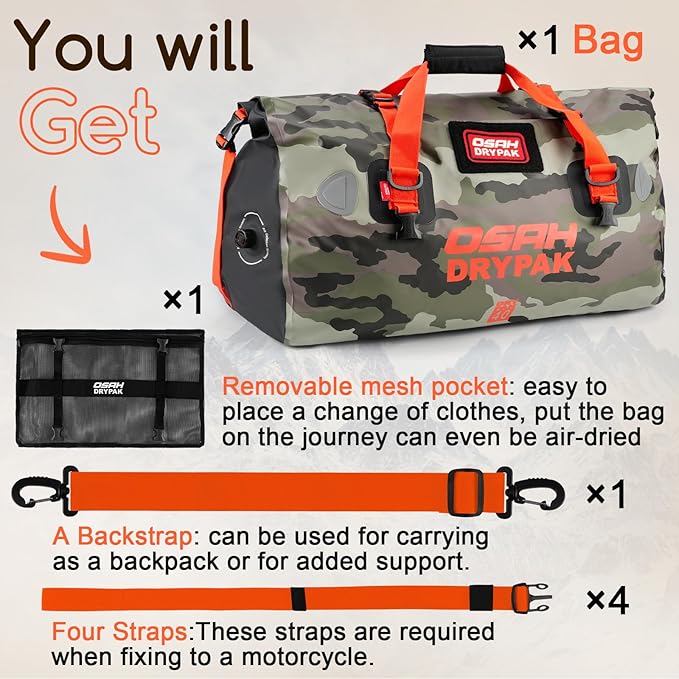 Waterproof Duffel Bag - Motorcycle Dry Bag Tail Bag with Large Storage Space, Waterproof Luggage Duffle Bags with Outer Mesh Zipper Pocket for Camping, Kayaking, Fishing & Traveling-StrideForce Fitness