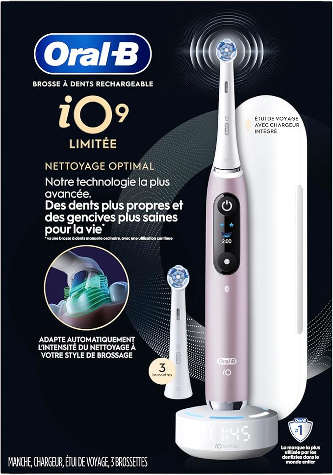 Oral-B iO Series 9 Limited Rechargeable Rose Quartz Electric Toothbrush with (2) Ultimate Clean and (1) Gentle Care Replacement Brush Heads, White, Travel Case-White and Charger