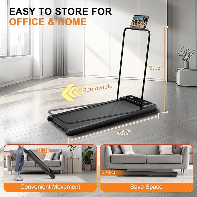 Walking Pad with Handle Bar, 2.5HP Treadmill with Handle, Portable Under Desk Treadmill for Home Office Use, Adjustable Incline, Large LED Display, Remote Control-StrideForce Fitness