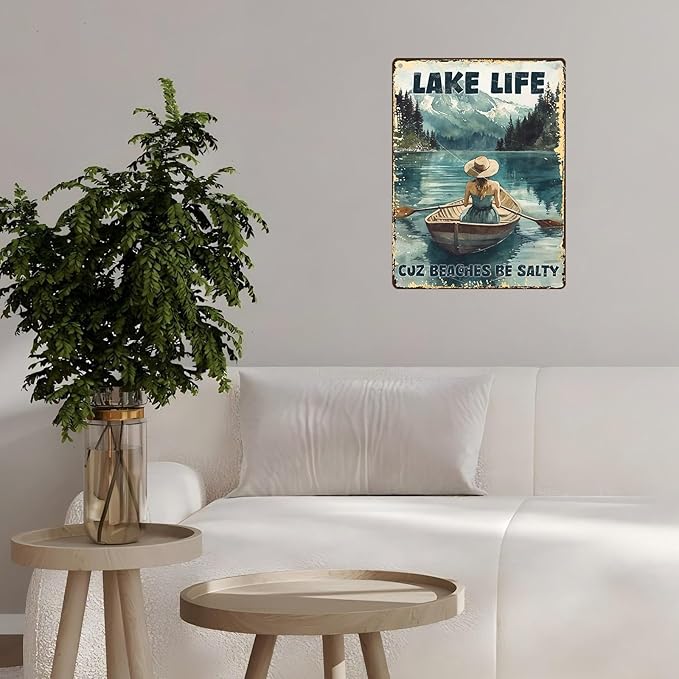 Vintage Lakehouse Tin Sign Lake Life Cuz Beaches Be Salty Retro Wall Decor Nostalgic Art Funny Metal Poster Indoor Store Cafe Toilet Kitchen Garden Plaque Bar Pubs Man cave 12 * 16inch-StrideForce Fitness