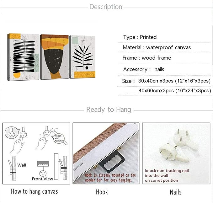 Framed Canvas Wall Art African Ethno Motive Wall Art Set, Abstract Ethno Art, African American Woman Portrait, Black Orange Print, Contemporary Collage, Minimalist (A-3pcs,12x16inchx3pcs)-StrideForce Fitness