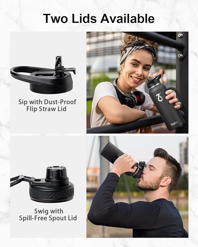 Trebo 40oz Water Bottle Insulated with Handle, Stainless Steel Metal Large Jug,Travel Flask with Straw Spout Lid,Mug Tumbler Cup with Carry Pouch,Keep Cold Hot, Indigo Black-StrideForce Fitness