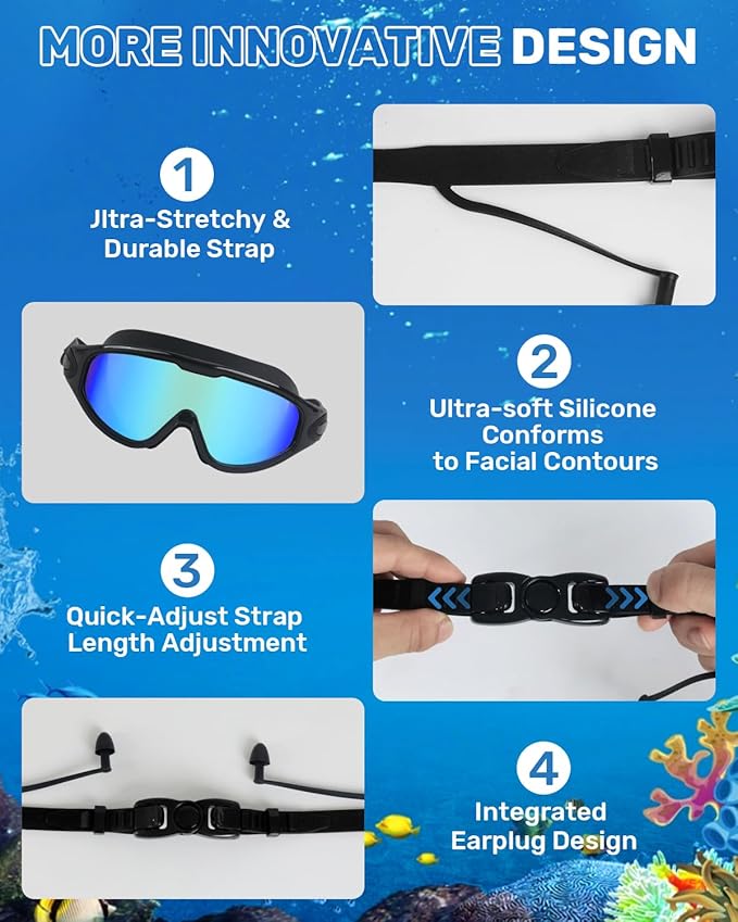 Swim Goggles for Adults, Wide View Anti-Fog & UV Swimming Goggles with Nose Clip & Ear Plugs, No Leak-StrideForce Fitness
