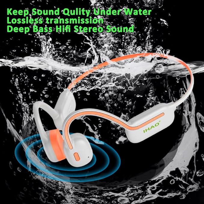 IHAO Swimming Headphones True Bone Conduction Open Ear Headset MP3 Player Built-in 32G Memory IP68 Underwater Waterproof Stereo Bluetooth Earphone for Driving Bicycling Running Skiing-Orange-StrideForce Fitness