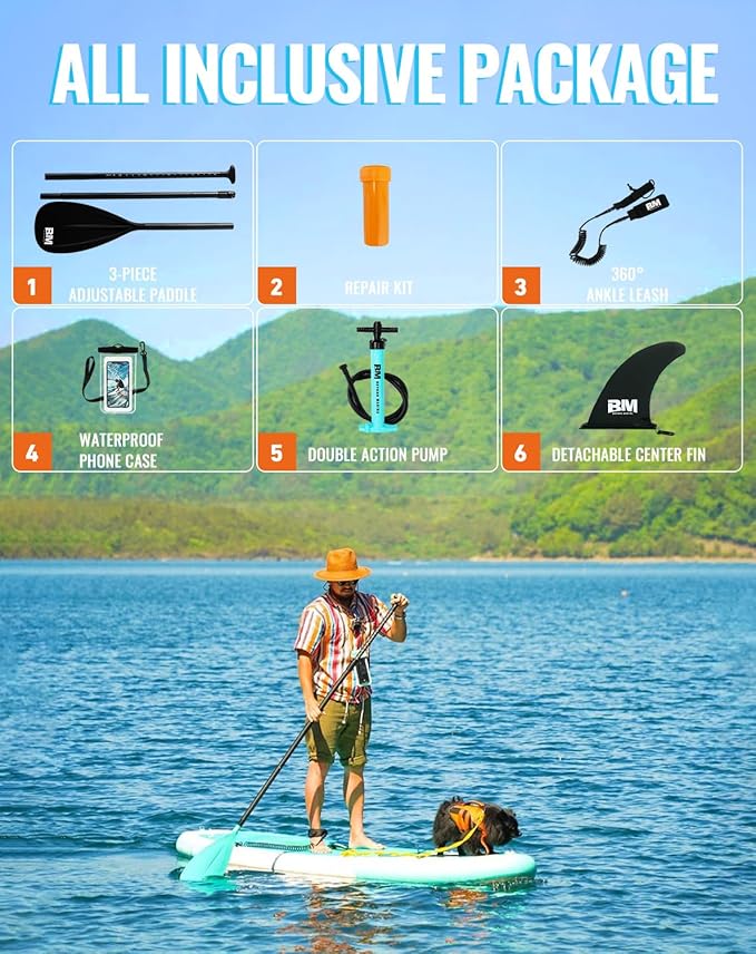 BM Paddle Board Inflatable Stand Up Paddle Board, SUP Paddleboard for Adult, Premium Accessories | Non-Slip EVA Deck & Foam Handles, Camera Mount, Double Action Pump, 85L Travel Backpack-StrideForce Fitness