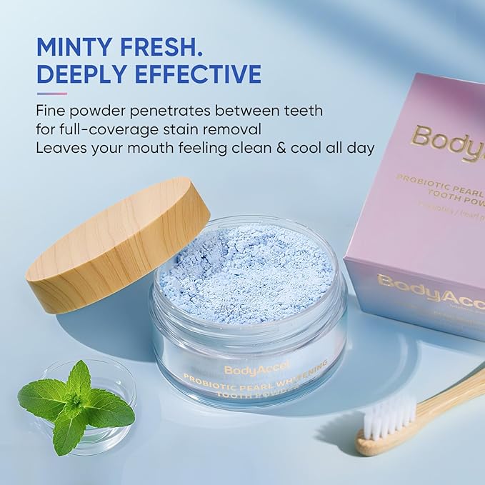 BodyAccel Teeth Whitening Powder Upgraded– Probiotic Pearl Whitening Tooth Powder, Fluoride-Free Toothpaste for Coffee & Tea Stain Removal, 360° Clean Teeth, Fresh Breath