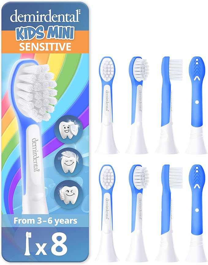 demirdental Kids Mini Toothbrush Heads Compatible with Philips Sonicare Compact Kids Toothbrush Heads - Replacement Heads Sensitive - Brush Heads from Ages 3 to 6 - Dark Blue - Replaces HX6038-8 Pack