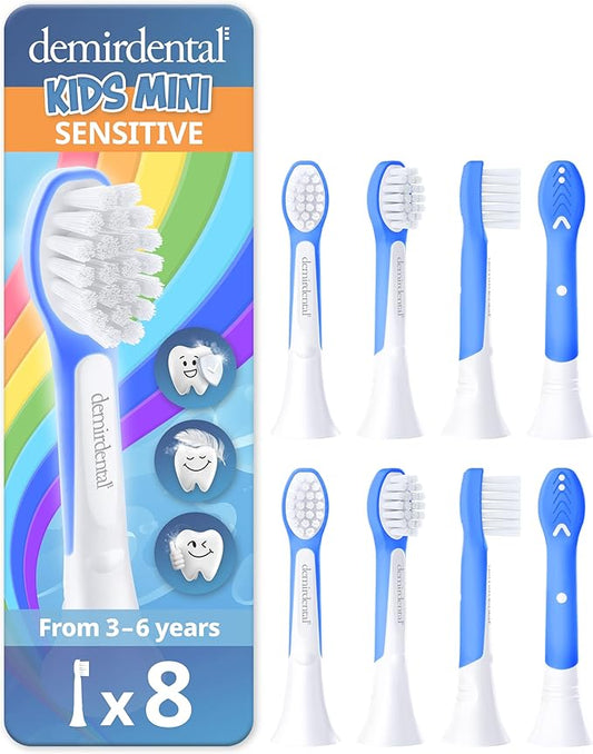 demirdental Kids Mini Toothbrush Heads Compatible with Philips Sonicare Compact Kids Toothbrush Heads - Replacement Heads Sensitive - Brush Heads from Ages 3 to 6 - Dark Blue - Replaces HX6038-8 Pack