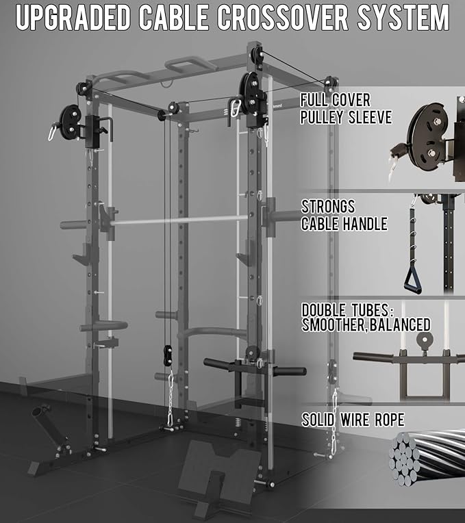 Eonfit E3 Smith Machine with 360°Rotating Arm for Home Gym Equipment, Multi-Function Power Cage Squat Rack with Cable Crossover LAT Pulldown Pulley System All in One-StrideForce Fitness
