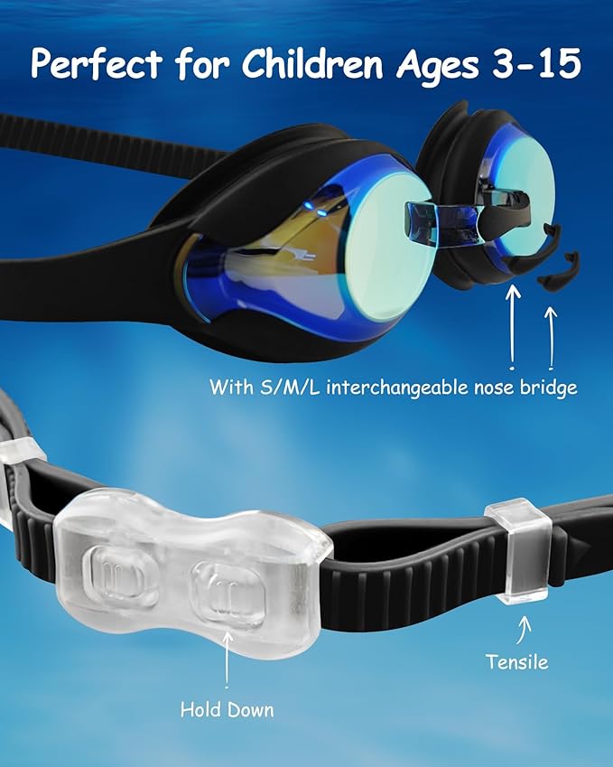 Kids Swim Goggles, Anti-fog and UV Protection with Swim Cap for Age 3-15 Youth Boys Girls Toddler-StrideForce Fitness