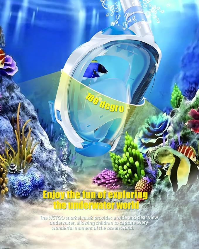 W WSTOO Kids Full Face Snorkel Masks,Suitable for Beginners Dry Top Snorkeling Gear,Can Your Mouth or Nose to Breathe,180 Degrees Panoramic View,Anti-Fog Anti-Leak,Summer Travel and Vacationing Gifts-StrideForce Fitness