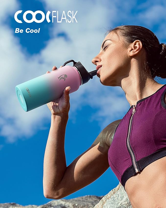 32 oz Insulated Water Bottle with Straw&3 Lids, Coolflask Stainless Steel Metal Flask Wide Mouth for Sports or Office, Non-BPA Keep Cold Up to 48 Hrs or Hot Up to 24 Hrs, Bubblegum Princess-StrideForce Fitness