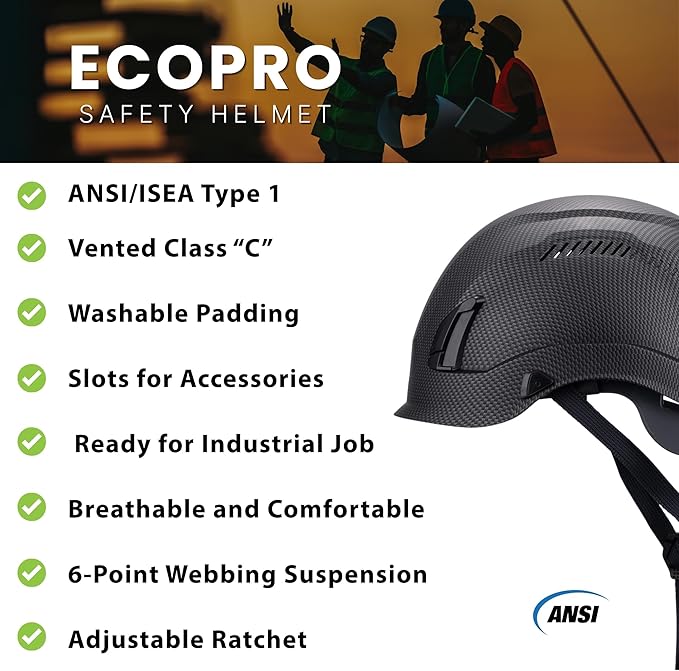 Land Helmets EcoPro Safety Helmet - ANSI/ISEA Z89.1-201 Type 1 Class C Vented - OSHA Approved - Lightweight Helmet with 6 Pt Suspension for Arborist, Industrial & Fall Protection-StrideForce Fitness