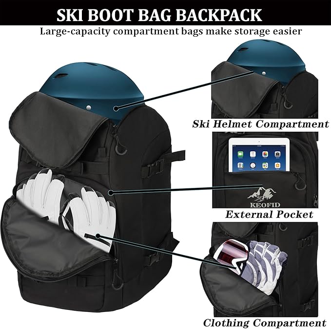 KEOFID 50L Ski Boot Bag Backpack, Waterproof Ski Bag, Travel Backpack for Ski Helmet, Snowboard-StrideForce Fitness