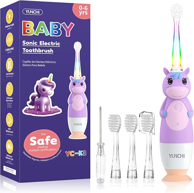 YUNCHI Toddler Electric Toothbrush Kids 0-3-6 Years, Baby Electric Toothbrush with Colorful LED Light, Battery Powered Toddler Toothbrush with 2 Minutes Timer 4 Brush Heads, Infant Toothbrush (Purple)