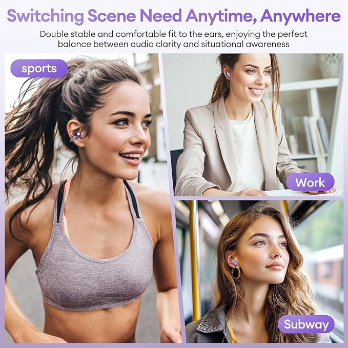 2 in 1 Clip on Open Ear Headphones Wireless Earbuds, 0 Delay Bluetooth 6.0, Ultra-Long 140H Play, Auto L-R Recognition Touch Control, Hybrid Noise Reduction for Work Fitness Daily Use, Ctbuds Purple-StrideForce Fitness