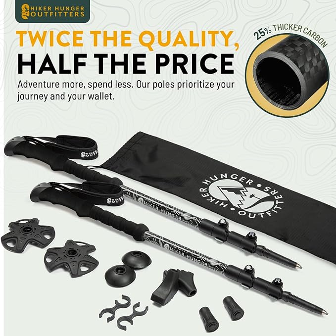 100% Carbon Fiber Trekking Poles by USA Brand - Ultra Strong Lightweight Collapsible Hiking Poles with Cork and EVA Foam Grips & Quick Adjustable Flip Locks-StrideForce Fitness