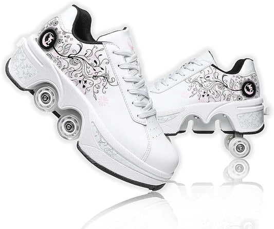 Roller Skate Shoes for Women Four Rounds Children's Roller Skates Shoes That Turn into Rollerskates Sneakers Outdoor Light Shoes with Wheels for Girls/Boys-StrideForce Fitness