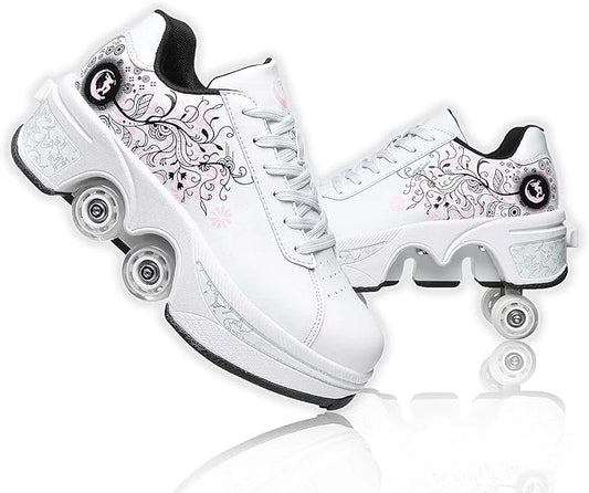 Roller Skate Shoes for Women Four Rounds Children's Roller Skates Shoes That Turn into Rollerskates Sneakers Outdoor Light Shoes with Wheels for Girls/Boys-StrideForce Fitness