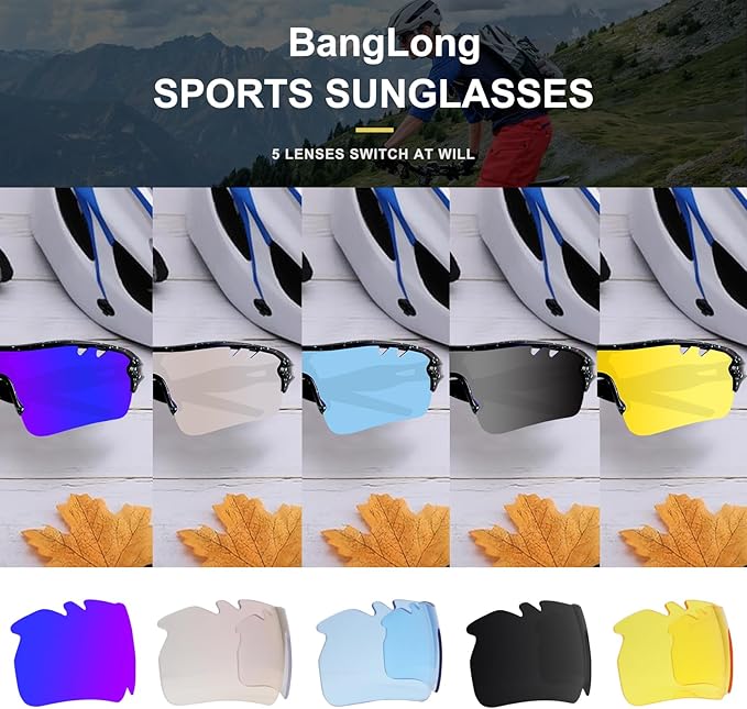BangLong Polarized Sports Sunglasses Cycling Sun Glasses for Men Women with 5 Interchangeable Lenes for Running Baseball Golf-StrideForce Fitness