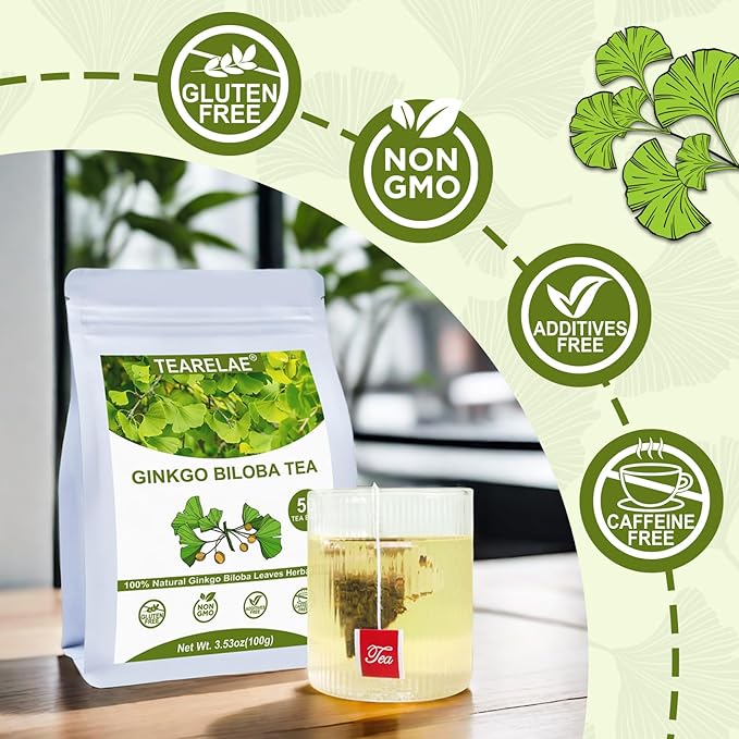 TEARELAE - Ginkgo Biloba Tea Bags, 50 Count - 100% Pure Ginkgo Biloba Leaves - Non-GMO - Naturally Caffeine-free Herbal Tea - Support Vision Health & Enhance Immunity-StrideForce Fitness