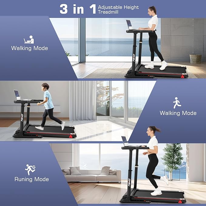 Treadmill with Desk Workstation & Adjustable Height, 300 LBS Weight Capacity, Folding Treadmill with 3 Level Incline, Bluetooth Speaker & App, Portable 2.5HP Walking Pad with Desktop for Home Office-StrideForce Fitness