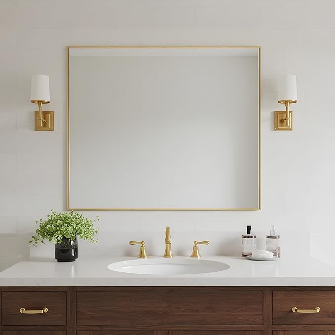 24x32 Inch Brass Bathroom Mirror for Wall, Aluminum Frame Rectangle Rectangular Vanity Mirror, Modern Large for Bedroom, Living Room, Horizontal or Vertical-StrideForce Fitness