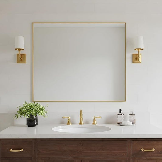 24x32 Inch Brass Bathroom Mirror for Wall, Aluminum Frame Rectangle Rectangular Vanity Mirror, Modern Large for Bedroom, Living Room, Horizontal or Vertical-StrideForce Fitness