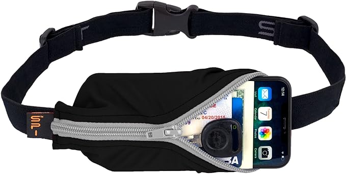SPIbelt Running Belt for Women Men, Phone Holder for Running, Running Fanny Pack, Holder for Phone, Running Waist Pack, Adjustable Waist, [Fits All Phones]. Black with Anthracite Zipper-StrideForce Fitness