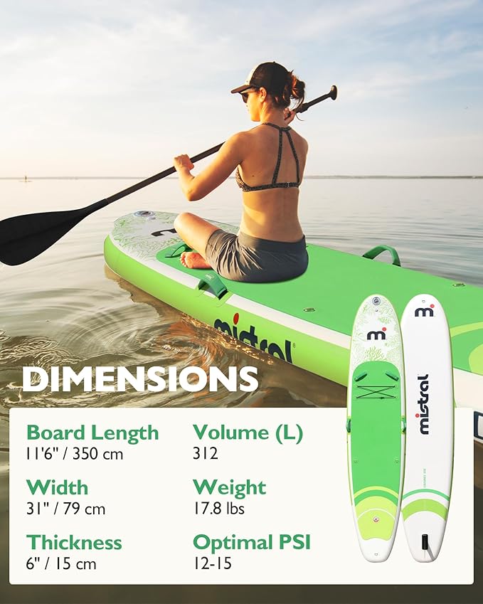 Mistral Stand Up Paddle Board, 11'6 x31''x6'' Inflatable SUP with Premium Paddleboard Accessories, Carry Bag, Dual Action Pump, Paddle, Leash, Wide Stable Design, Non-Slip Deck for Adults & Youth-StrideForce Fitness