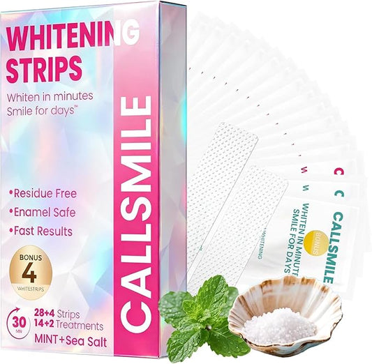 Callsmile Teeth Whitening Strips - Fast & Gentle Whitening with 6% Hydrogen Peroxide - Formulated for Sensitive Teeth, Non-Slip Technology - Residue-Free, Safe & Easy Smile Brightening(16 Treatment)