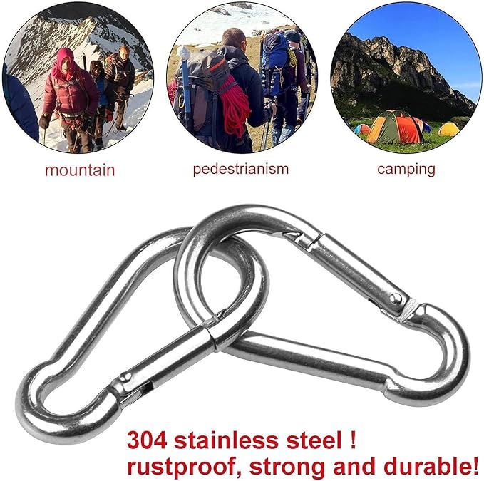 Stainless Steel Spring Snap Hook Carabiner M6 M8 M10 Heavy Duty Carabiner Clip Spring Clips Keychain 5/16 Inch Quick Links for Backpack, Hammocks, Camping, Swing(16/30/10PCS)-StrideForce Fitness