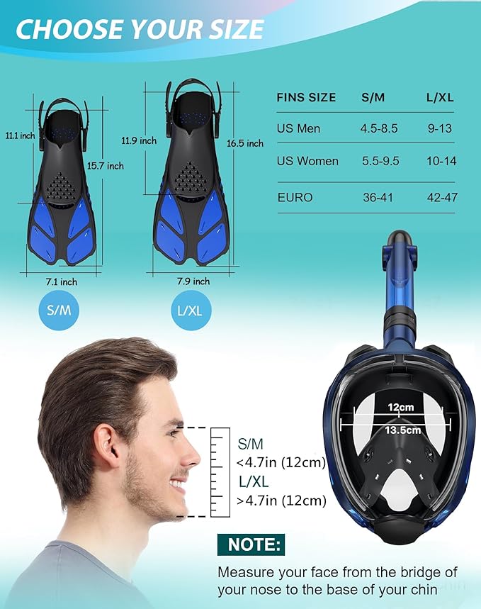 Mask Fins Snorkeling Gear for Adults, Full Face Snorkel Mask & Adjustable Swim Fins Snorkel Set, Panoramic View Snorkel Mask Dry Top Anti-Fog Anti-Leak-StrideForce Fitness