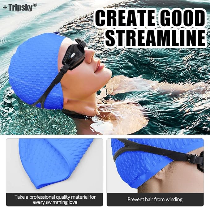 Tripsky Silicone Swim Cap,Comfortable Bathing Cap Ideal for Curly Short Medium Long Hair, Swimming Cap for Women and Men, Shower Caps Keep Hairstyle Unchanged…-StrideForce Fitness