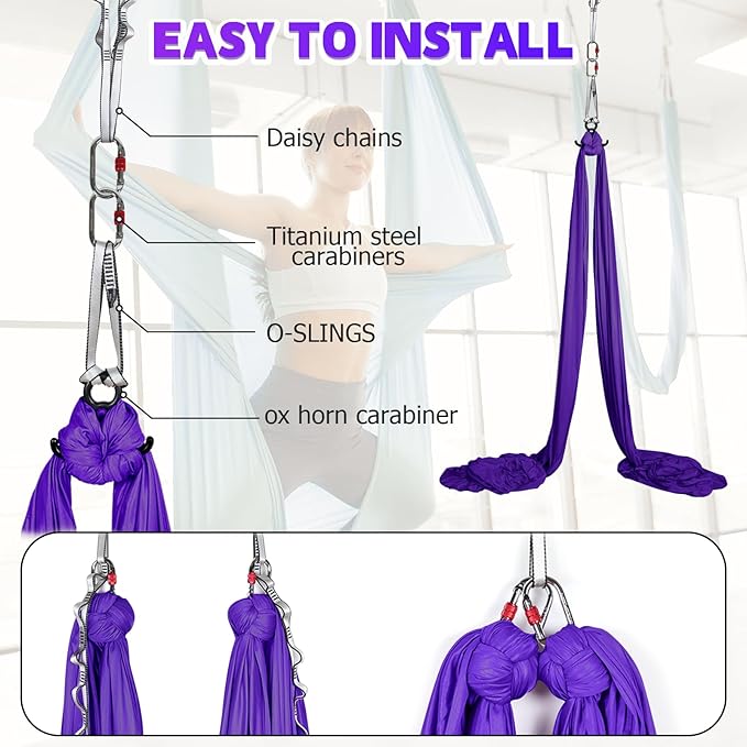 Aerial Silks Kit & Aerial Yoga Hammock - 11Yd Premium Fabric Hardware - Easy Setup for Flying Yoga, Aerial Swing & Fitness - Supports Up to 14ft Rigging-StrideForce Fitness