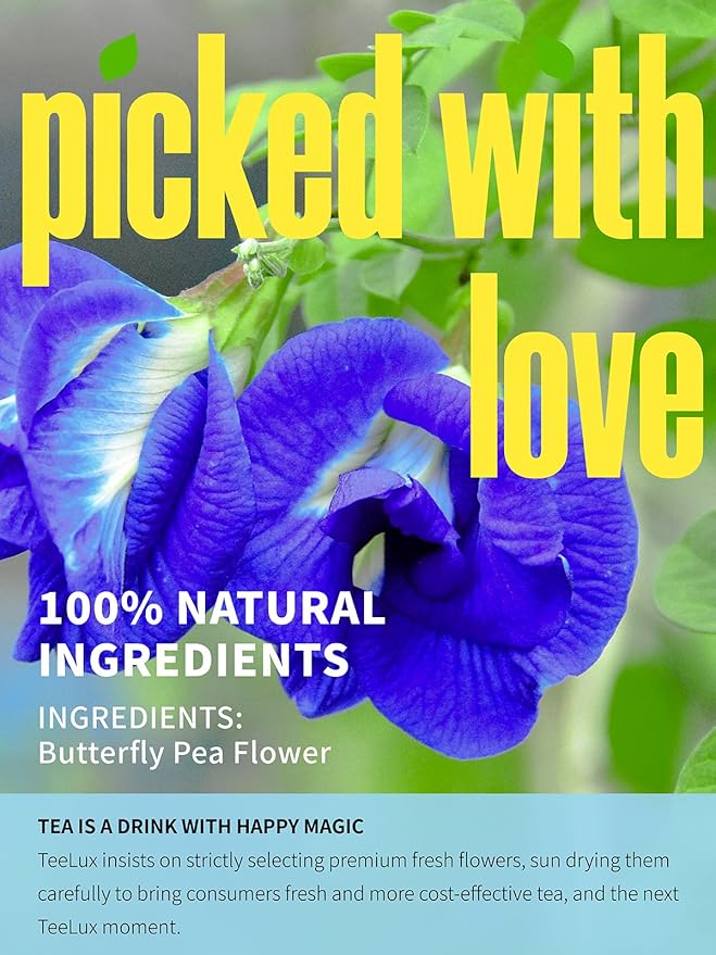 TeeLux Butterfly Pea Flower Tea Bags, Premium Dried Butterfly Pea Flower for Blue & Purple Drinks and Food Coloring, 100 Count