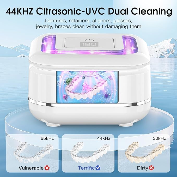HAUSBELL Dental Pod: Ultrasonic Retainer Cleaner, Denture Cleaner Machine with 8 Cleaner Tablets, Aligner Cleaner, Nightguard Cleaner, Mouthguard Cleaner, Ultrasonic Cleaner with Noise-Reduction Lid