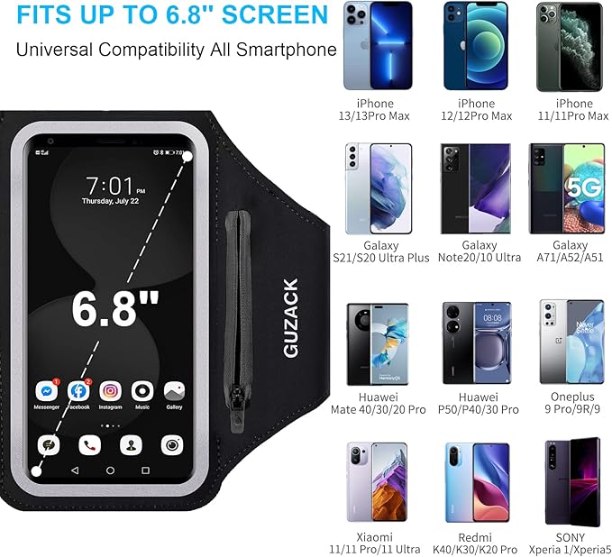 GUZACK Phone Holder for Running with Zipper Pouch, Running Armband for iPhone 16 Pro/15/14/13/12/11 Pro Max/Plus/XR/XS, Galaxy S25/S24/S23/S22, Cell Phone Arm Holder with Key Pocket & Card Slot-StrideForce Fitness