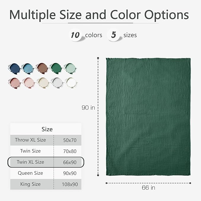 Carriediosa 100% Cotton Muslin Throw Blanket 66" X 90" Twin XL Size，4-Layers Summer Gauze Throws for Bed Couch，Soft Lightweight Breathable Linen Blankets Bedspread for Adults All Season，Dark Green-StrideForce Fitness