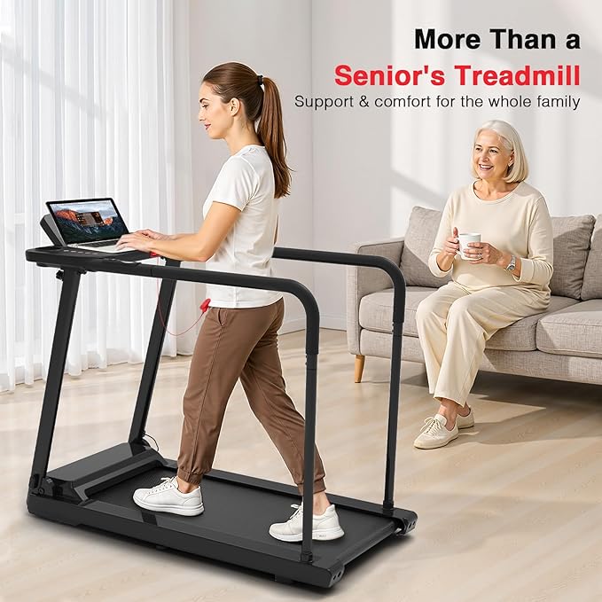 Redliro Treadmill for Seniors with Long Handrails - Recovery Machine for Walking 300 lbs Weight Capacity - Walking Treadmill Elderly with Desk & Cup Holder (Glossy Black)-StrideForce Fitness
