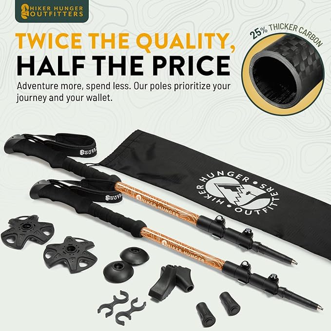 100% Carbon Fiber Trekking Poles by USA Brand - Ultra Strong Lightweight Collapsible Hiking Poles with Cork and EVA Foam Grips & Quick Adjustable Flip Locks-StrideForce Fitness