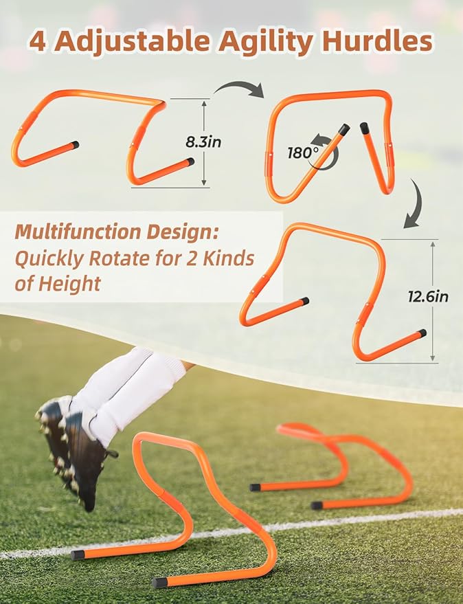 GHB Agility Ladder,Football Training Equipment Set,4 Agility Hurdles, 20 feet12 Rungs Speed Ladder,12 Disc Cones,Resistance Parachute, Jump Rope, 5 Resistance Bands-StrideForce Fitness