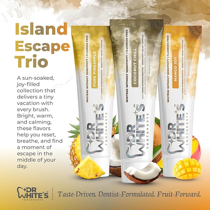 Dr. White’s Fluoride-Free Toothpaste for Adults & Kids – Dentist-Formulated, Swallow-Safe, Mint-Free – Nano Hydroxyapatite, Sensitivity Relief Complex™ (3.5 Ounce (Pack of 3), Island Escape Trio)